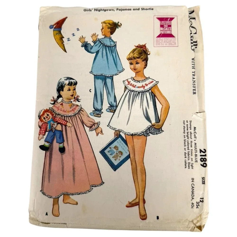 VTG McCalls 2189 Sewing Pattern Girls 1957 Nightgown Pajamas Shortie Size 12 OOP